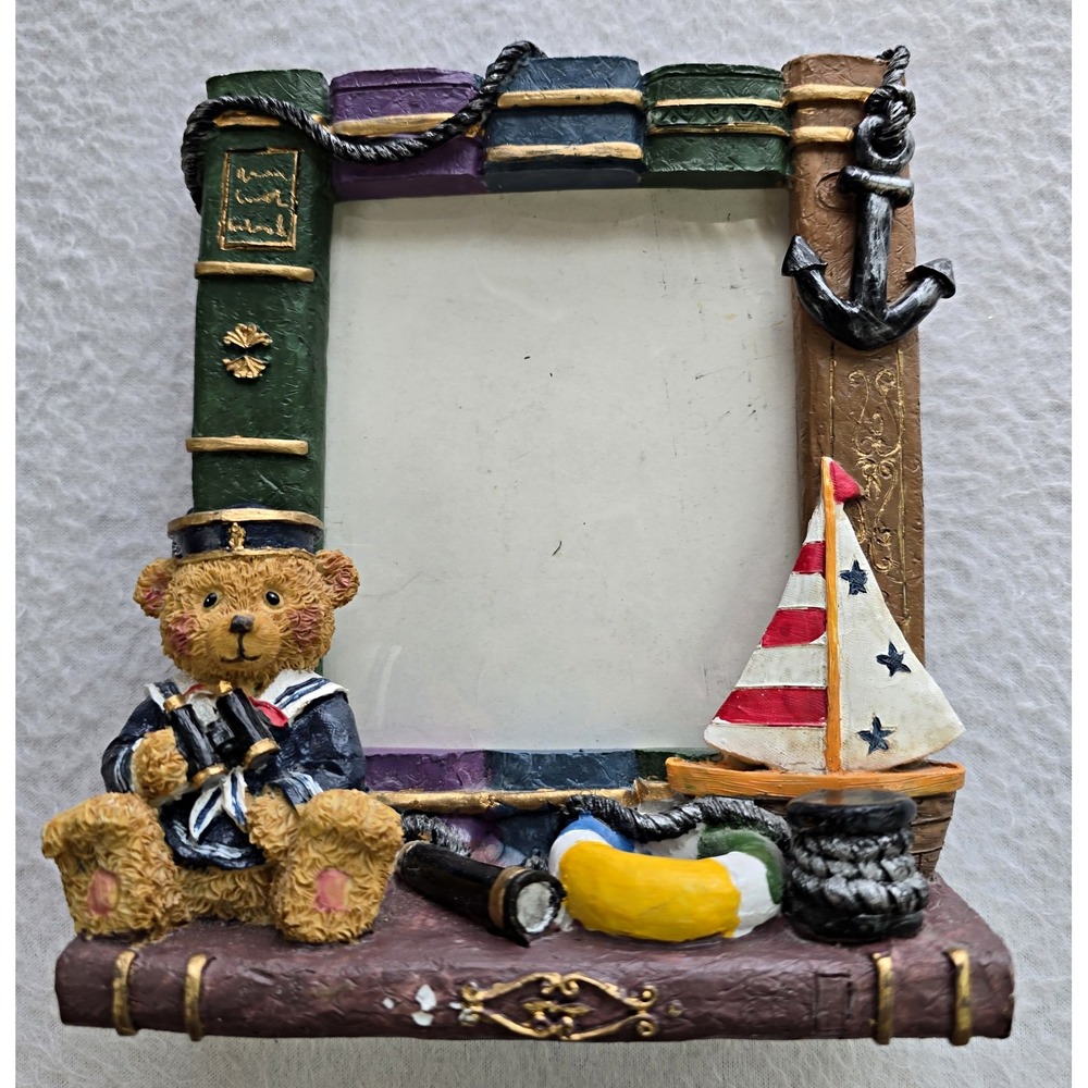 Vtg Nautical Teddy Bear Sailor Picture Frame 3D Book Resin Nursery Decor 3.5x5..